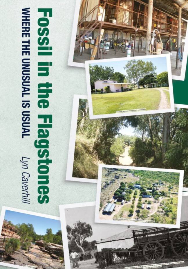 Collage of photographs with the title "Fossil in the Flagstones - Where the Unusual is Usual" by Lyn Gaverhill. Images include industrial machinery, outdoor landscapes, and historical black-and-white photos.