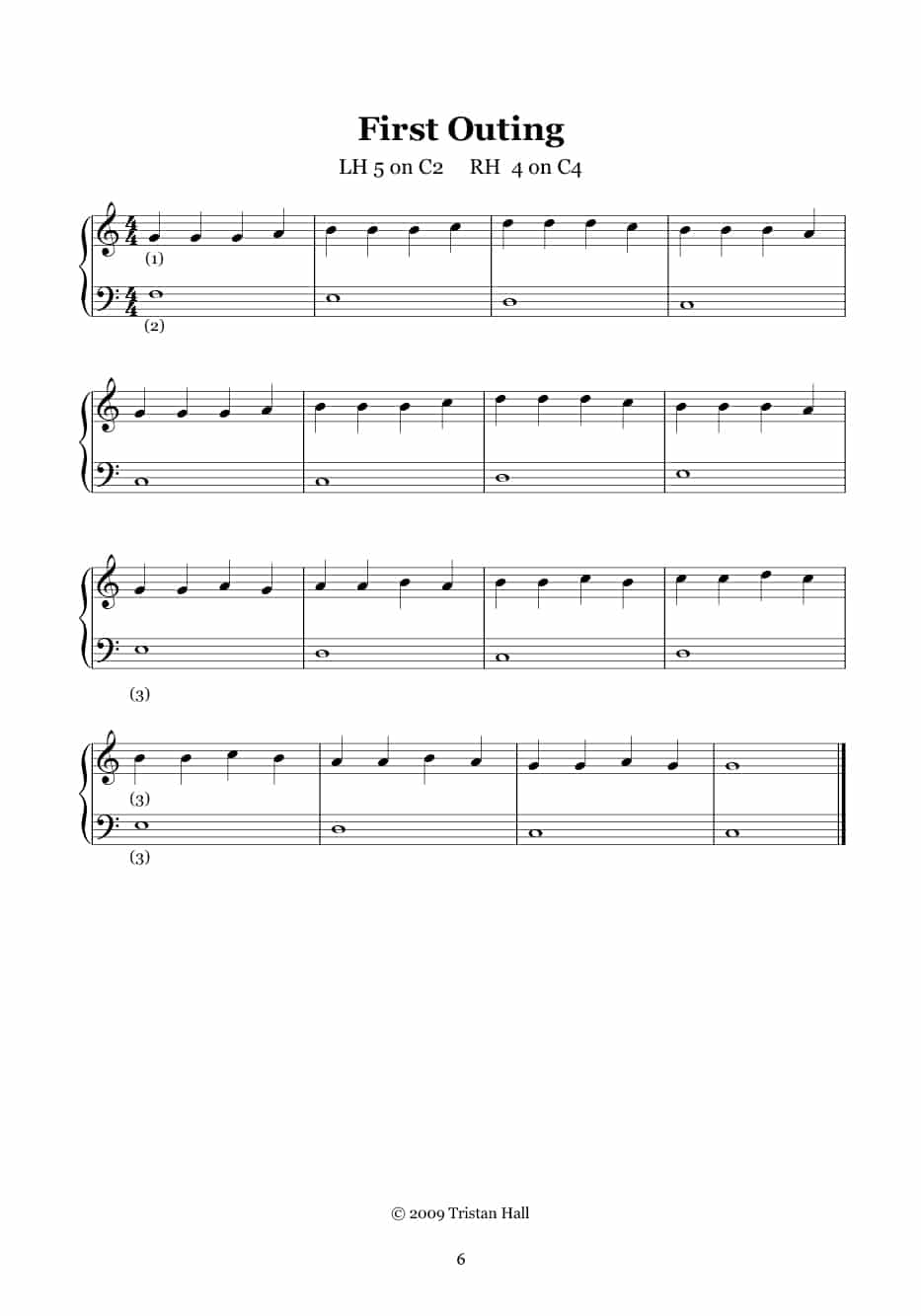 Sheet music titled "First Outing" featuring musical notation for piano, including left hand notation on C2 and right hand on C4, with instructional numbers indicated.