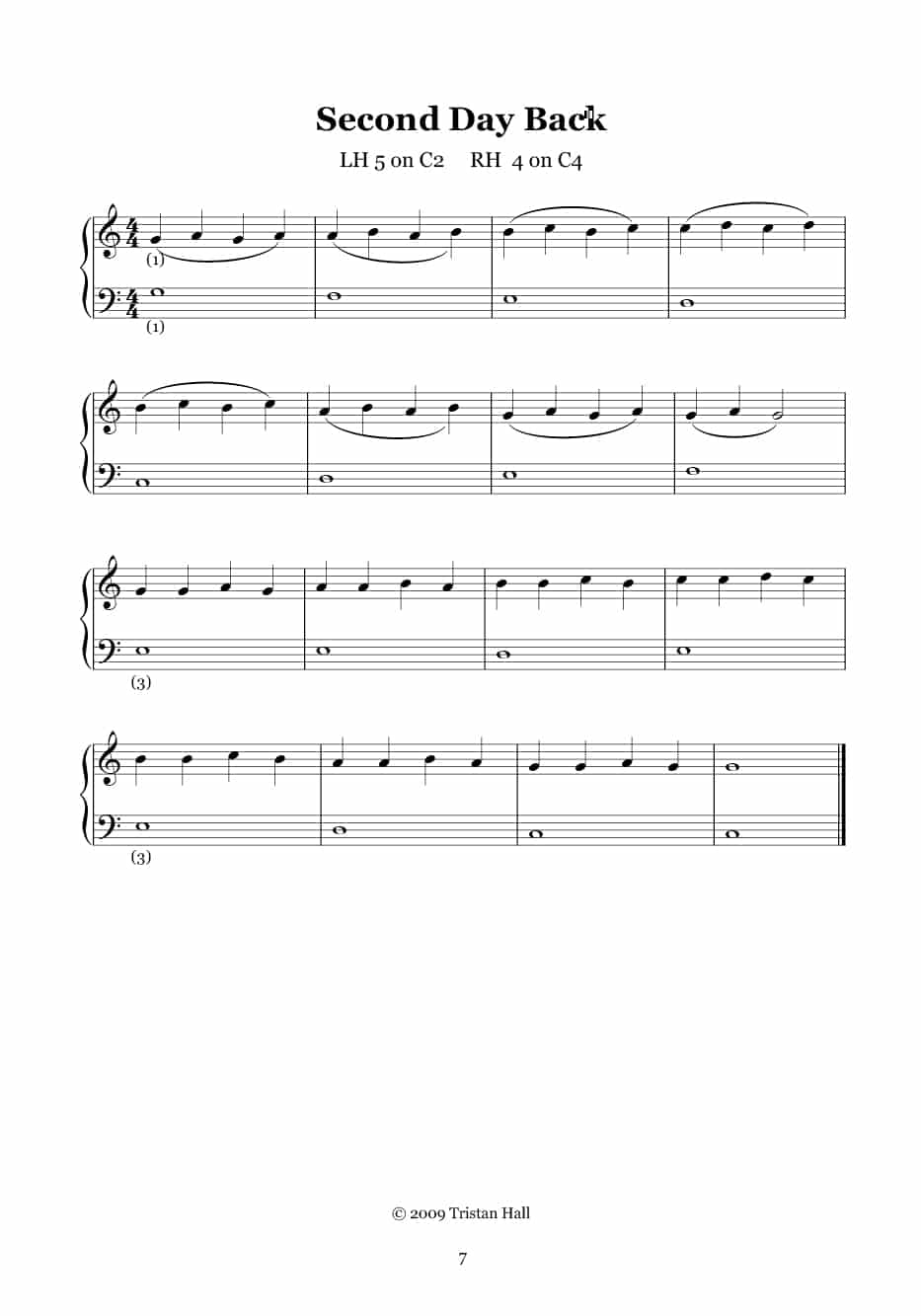A sheet of music notated for piano, showing various notes and instructions for playing "Second Day Back" by Tristan Hall.