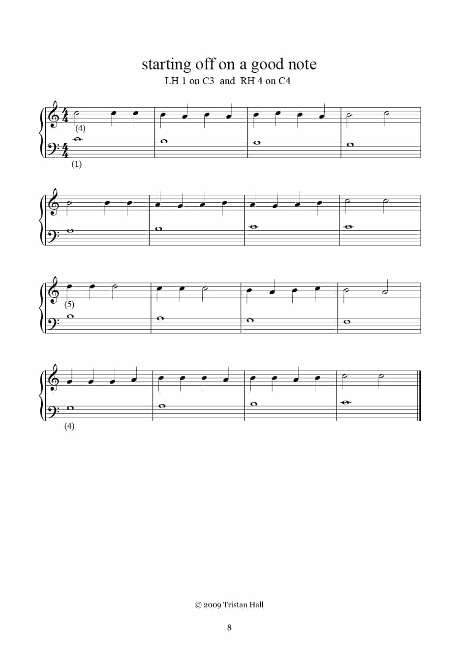 piano music notation showing notes for both hands, designed for beginners