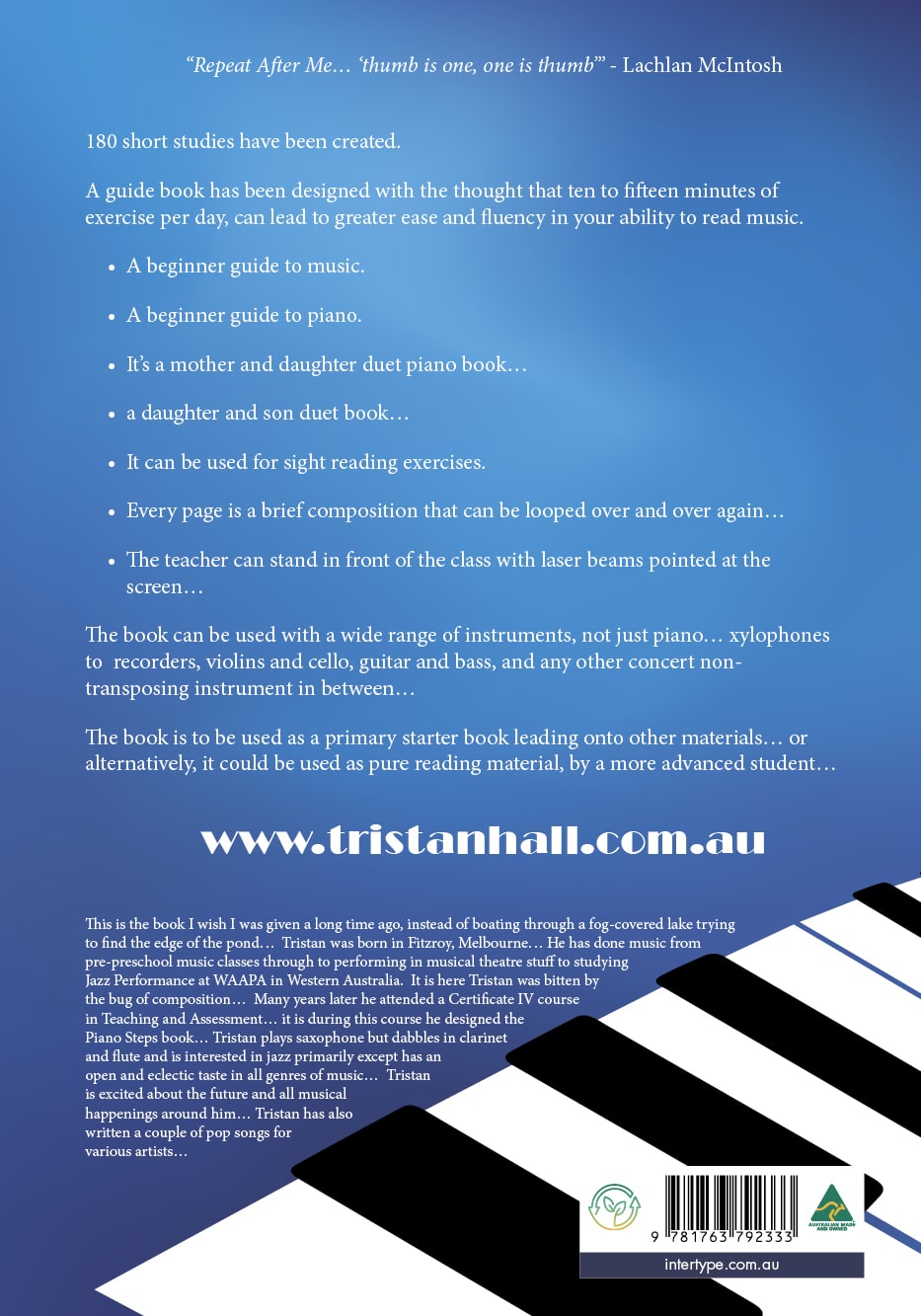 A book cover highlighting a music guide for beginners, featuring elements like piano keys and descriptions of exercises for different instruments.