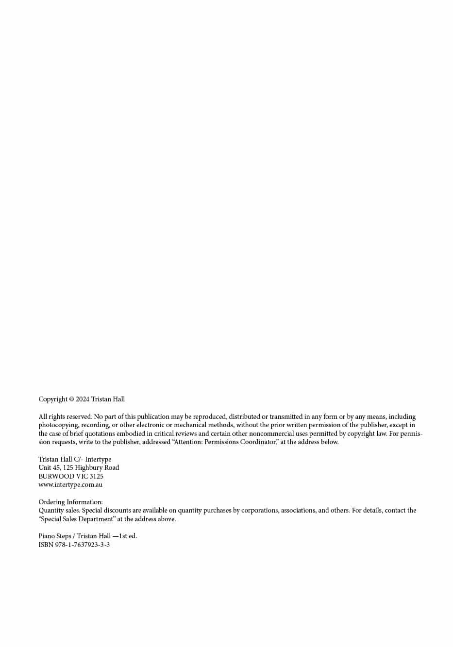 A copyright page featuring information about rights, publication, and ordering for "Piano Steps" by Tristan Hall.