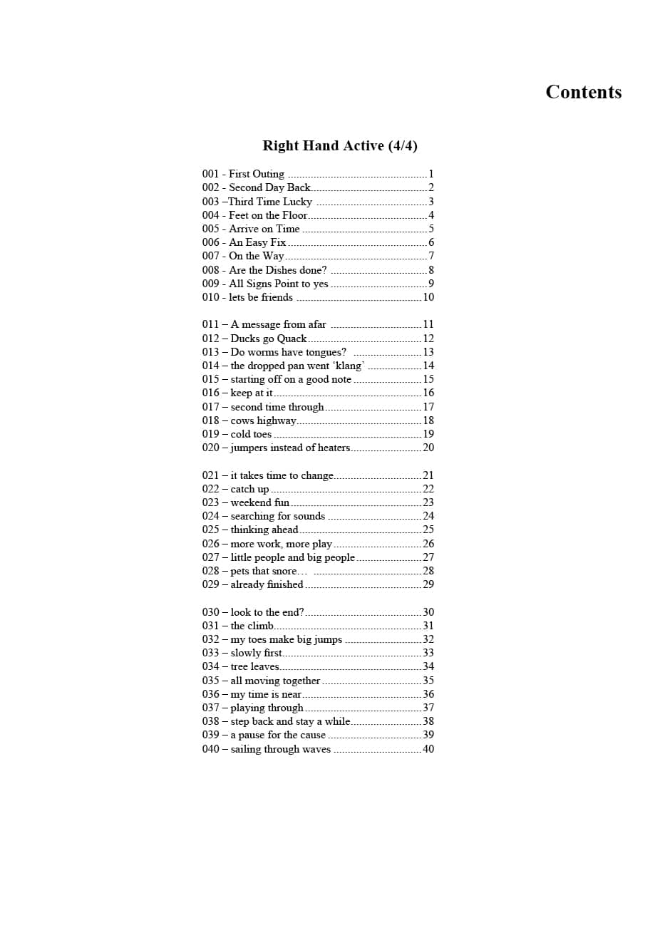 A detailed contents page featuring a list of sections and page numbers for a book titled "Right Hand Active," highlighting various activities and themes.