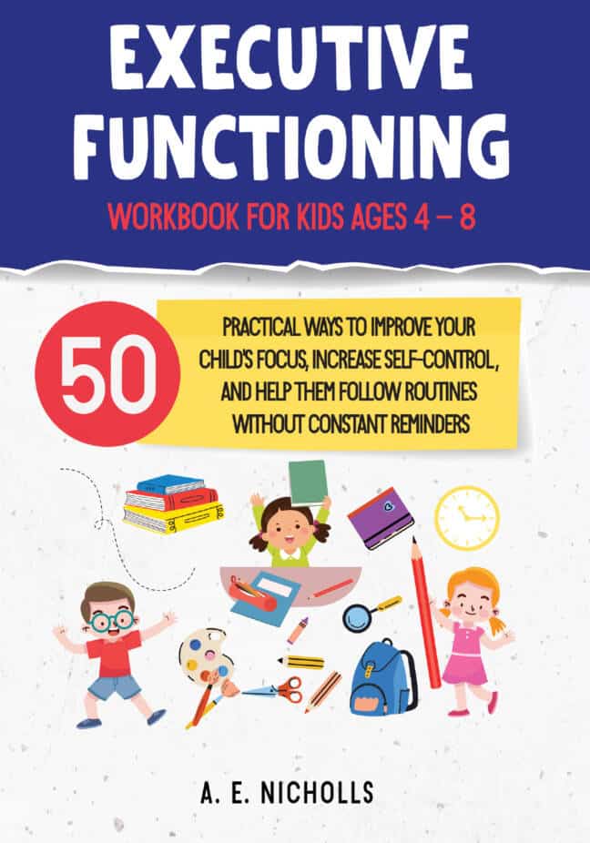 Colorful cover of a workbook titled "Executive Functioning" with illustrations of children and educational items, aimed at improving focus and routines for kids ages 4 to 8.