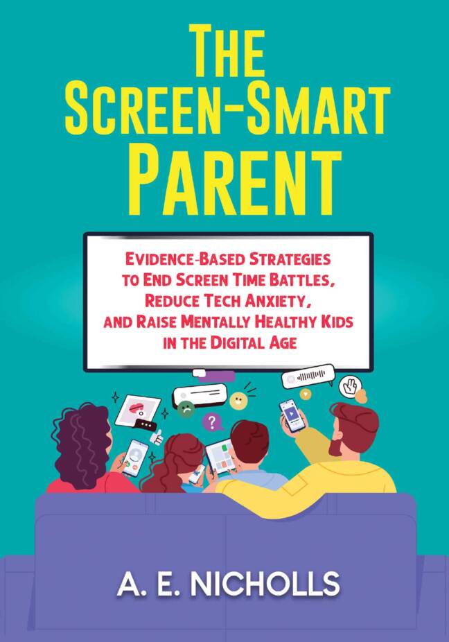 Book cover featuring a family on a couch engaged with various devices, highlighting strategies for managing screen time and reducing tech anxiety.
